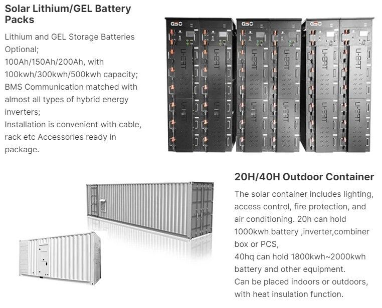 ESS 10 años Tiempo de vida Batería exterior 1MWh 5MWh 10MWh 20ft 40ft Contenedor Sistema de almacenamiento de energía con batería solar